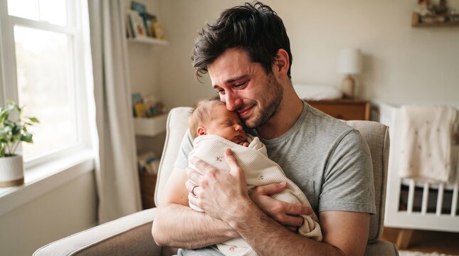 Emotional young father holding his newborn baby in nursery with tears of joy running down his cheeks as he feels overwhelming love for his precious little child.