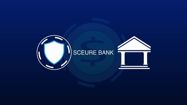 A secure bank building stands protected behind a shield graphic. Finance safety defines this bank building presentation. Soft blue lighting accents the bank building.