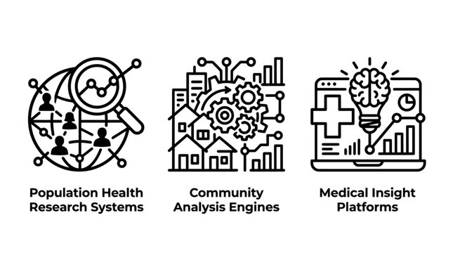 Population health research and medical analysis systems with population research analysis community platform management technology statistics planning business healthcare innovation