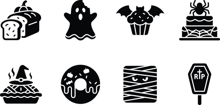 Halloween bakery desserts spooky treats icon set. pumpkin loaf bread, bitten ghost cookie, bat wing cupcake, spider web layer cake, steaming witch hat pie, frosted halloween donut, mummy brownie cake,