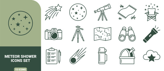 Meteor shower and stargazing outline icons set featuring telescope, camera, constellation map, meteor, and camping gear © Gra-fix PNG