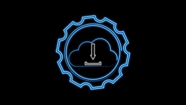 A neon cloud download icon rests inside a gear outline. Storage sync concepts highlight this cloud download icon. Vibrant blue defines the cloud download icon.