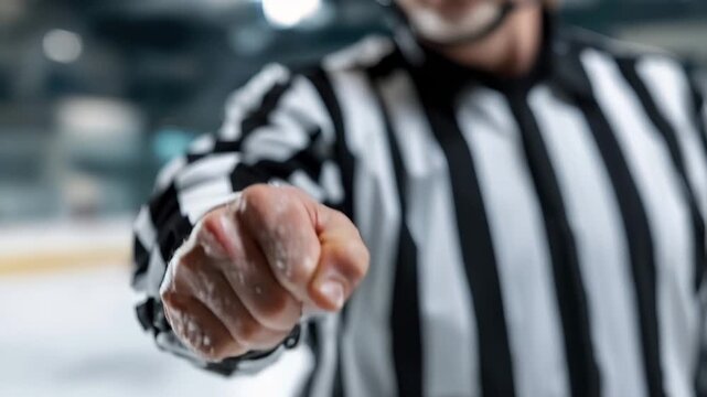 Close up of a hockey referee in striped uniform making an official hand gesture during a match. Professional sports authority concept focused on rules, control, and fair play.