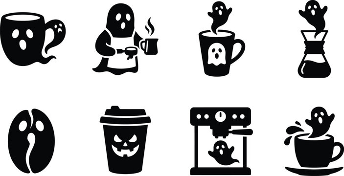 Halloween ghost barista coffee icon set. ghost shaped coffee mug, ghost barista wearing apron with portafilter, steam ghost rising from mug, ghost emerging from pour over chemex coffee maker, ghost fa
