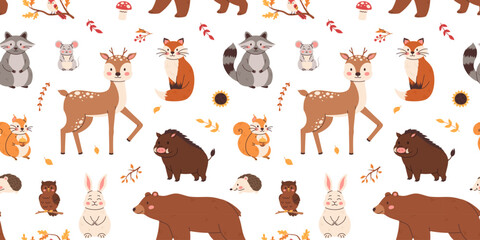 Obraz premium Seamless pattern featuring wild forest animals. Ideal for textile printing, wallpaper, and packaging.