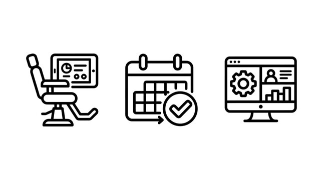 Salon digital management and appointment scheduling icons with calendar computer dashboard analytics management business appointment workflow software reporting grooming professional
