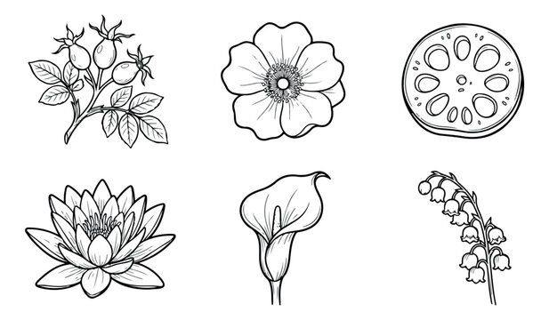 Vintage botanical line art collection, set of 6 hand drawn floral icons, black and white lotus and lily vector illustrations for wedding stationery