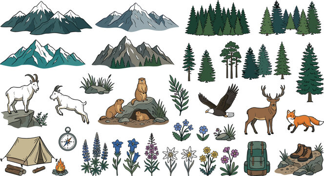 Alpine mountains and wildlife vector illustration set featuring camping gear pine trees deer eagle mountain goats and wild flowers for outdoor adventure marketing