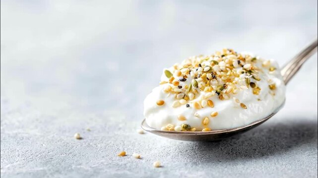 Macro shot of spoon with creamy yogurt topped with hemp and sesame seeds on clean background. Video for healthy food, nutrition, and product advertising visuals.
