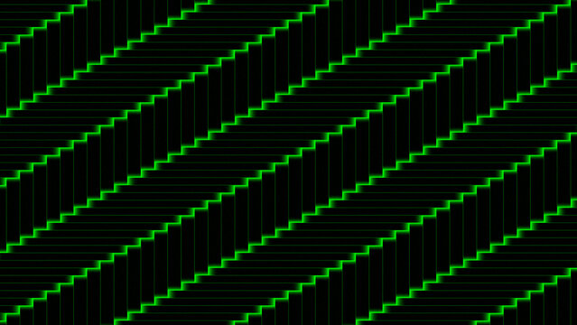 Abstract background, featuring a repeating, pattern of thin, diagonal neon green, lines creating a, staircase effect on, a solid black background