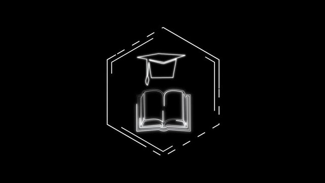A glowing graduation cap icon rests beside an open book design. Academic success highlights this graduation cap visual. Hexagonal frames enclose the graduation cap.