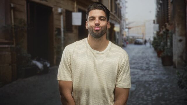 Hispanic man with beard sticking tongue out and slight head tilt, wearing striped tshirt, standing on cobblestone street with potted plants and stone buildings; playful teasing.