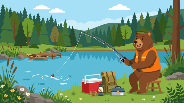 Brown bear sitting and fishing lake.