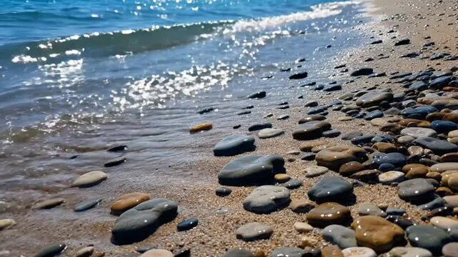 Waves gently lapping the shore of a beautiful sandy beach filled with colorful smooth pebbles on a sunny day