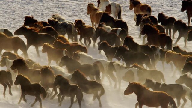 Herd of wild horses running through snowy landscape in winter