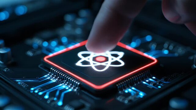 Atom symbol glowing on a computer processor chip being touched by finger