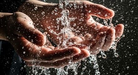 Fototapeta premium Close-up of hands washing with splashing water, dark background