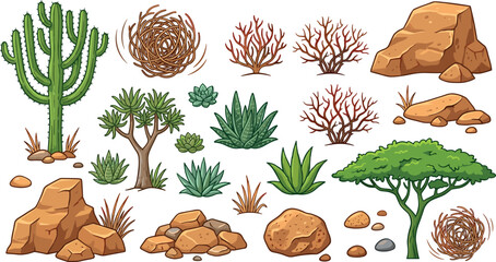 Desert Plant and Rock Vector Set with Cactus, Tumbleweed, Succulents, and Acacia Tree for Landscape Backgrounds, Game Asset Designs, and Illustrations © MdMostakin