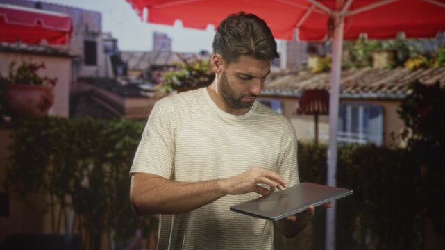 Man holding laptop and looking down on a terrace in a building under a red umbrella; concentration productivity.