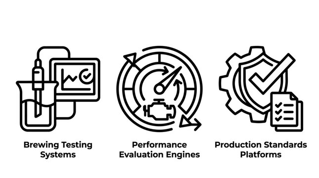 Brewing testing systems and quality standard evaluation icons with standards evaluation performance production industrial engineering technology automation manufacturing analysis monitoring