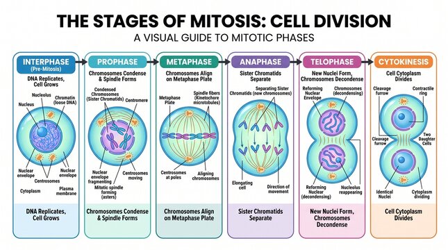 Stages of mitosis cell division diagram, visual guide to mitotic phases including interphase and prophase, biology education infographic with labeled cells