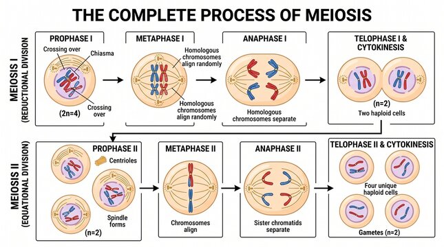 Meiosis cell division process diagram, complete biological stages of meiosis I and II, educational science infographic with labeled chromosomes