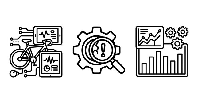 Digital bicycle diagnostics and data analysis monitoring icons with diagnostics analysis monitoring technology performance tracking statistics evaluation software development innovation