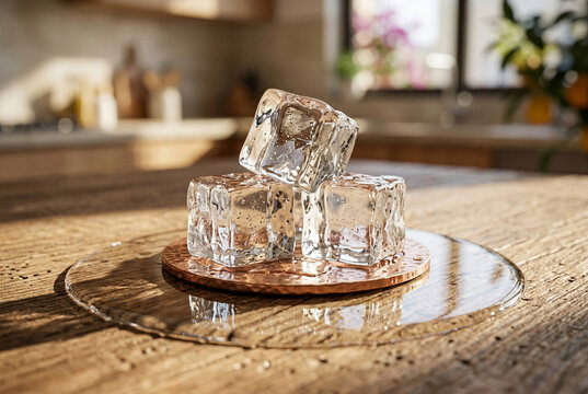 Melting ice cubes on a wooden table reflecting global warming.