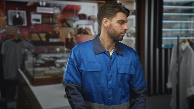 Man with beard in blue work overalls crosses arms and adjusts sleeve inside a clothing store building while glancing sideways; calm professionalism.
