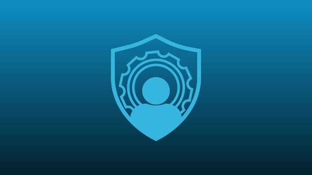A blue shield icon displays an internal user gear graphic. Security protection highlights this shield icon presentation. Smooth gradient colors define the shield icon.