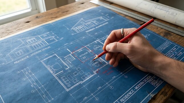 Architect working on blueprints for building design. Civil engineer analyzing construction plans for project development.