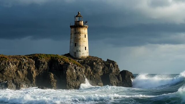 Dramatic view of an old lighthouse on a rocky cliff with powerful turquoise waves crashing against the shore under a stormy sky
