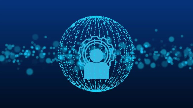 A glowing sphere of particles surrounds a central user icon. Digital network connections define this sphere of particles. High tech motion fills the sphere of particles.