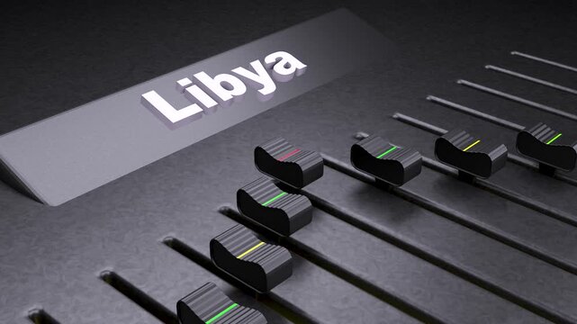 Libya text on audio mixer console, fader sliders moving on sound board, conceptual metaphor for political control and influence in Libya
