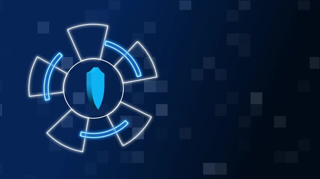 A glowing shield icon rests within a circular digital frame. Cyber protection defines this shield icon visual clearly. Pixelated patterns accent the shield icon.