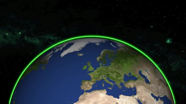 The majestic earth from space features a glowing green ring. Celestial dust surrounds the earth from space gracefully. Cosmic nebula backdrop frames the earth from space.