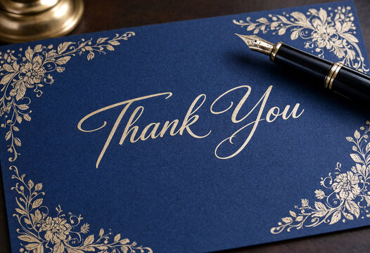 Elegant dark blue thank you card with floral design and fountain pen on table