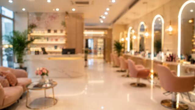 Blurred luxury beauty salon interior modern hair spa room pink chairs gold lighting elegant boutique professional salon background