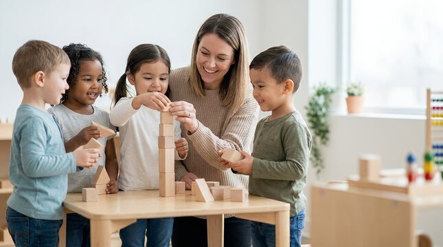 A happy teacher and diverse group of children playing with wooden building blocks in a classroom.