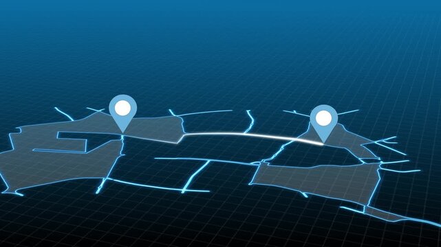 Digital map with two location pins linked by a glowing route on a blue grid background, showing navigation, travel, connection, and delivery in a modern tech style.