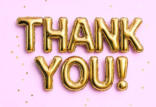 Golden thank you foil balloons with confetti on a soft pink background perfect for celebrations
