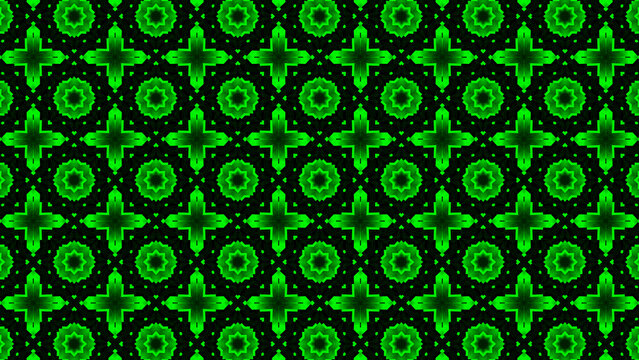 Seamless pattern with repeating neon green floral or star shapes on a dark black background, for digital wallpaper, or textile surface