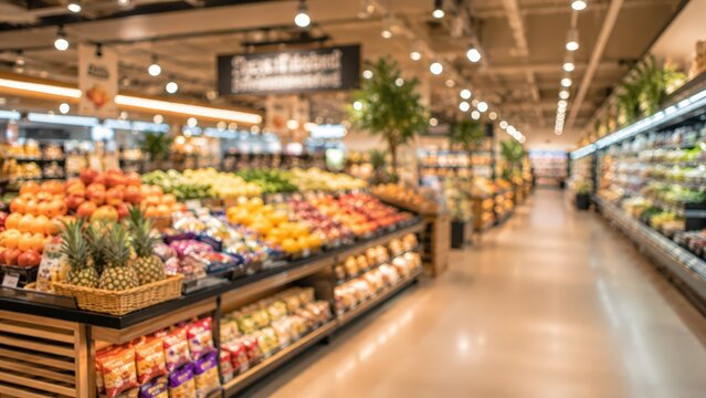 Blurred supermarket interior grocery store aisle produce section shopping background retail food market shelf bokeh depth of field retail commercial