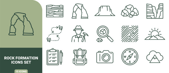 Naklejka premium Rock formation icons set featuring geological layers, stone arches, mesas, canyons, hikers, geology tools, and camping gear
