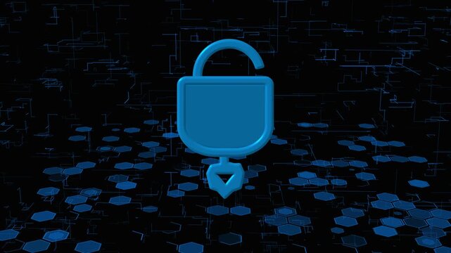 Blue unlocked padlock floating over a dark digital network with hexagon patterns, symbolizing cybersecurity, data access, privacy risk, and online protection.
