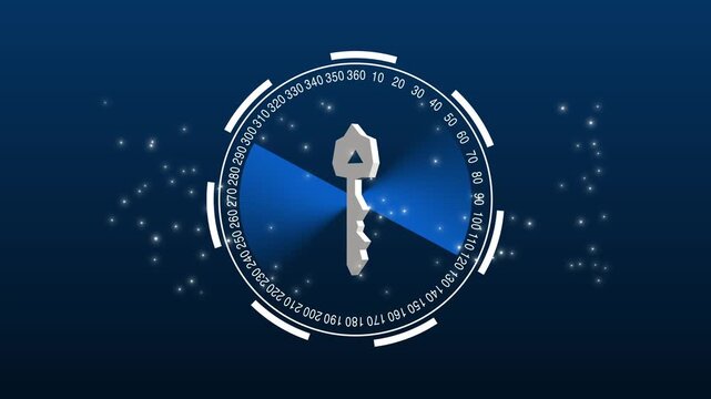 Abstract blue compass dial with degree markings and a white arrow pointer, surrounded by glowing sparkles on a dark background. Ideal for navigation, direction, guidance and tech themes.