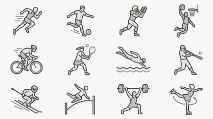 Fototapeta premium Sleek Monochrome Line Art Illustrations of Diverse Athletes in Dynamic Sports Actions with high quality professional line art symbols for modern creative design and digital branding projects