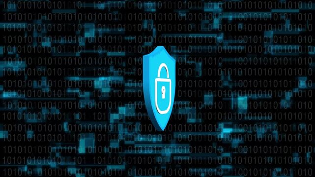 Blue digital security icon with a lock over a dark binary code background, showing data protection, cyber safety, privacy, hacking defense, and modern technology.