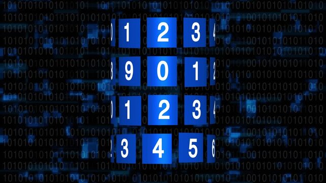 Blue number lock code on a dark binary background, showing digital security, password protection, data privacy and cyber defense in a modern tech style.
