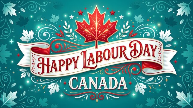Happy Labour Day Canada greeting card. Festive maple leaf banner for Canadian holiday.